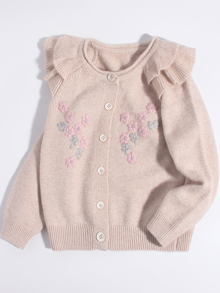 Girls Ruffle Shoulder Floral Embroidered Beige Cashmere Cardigan